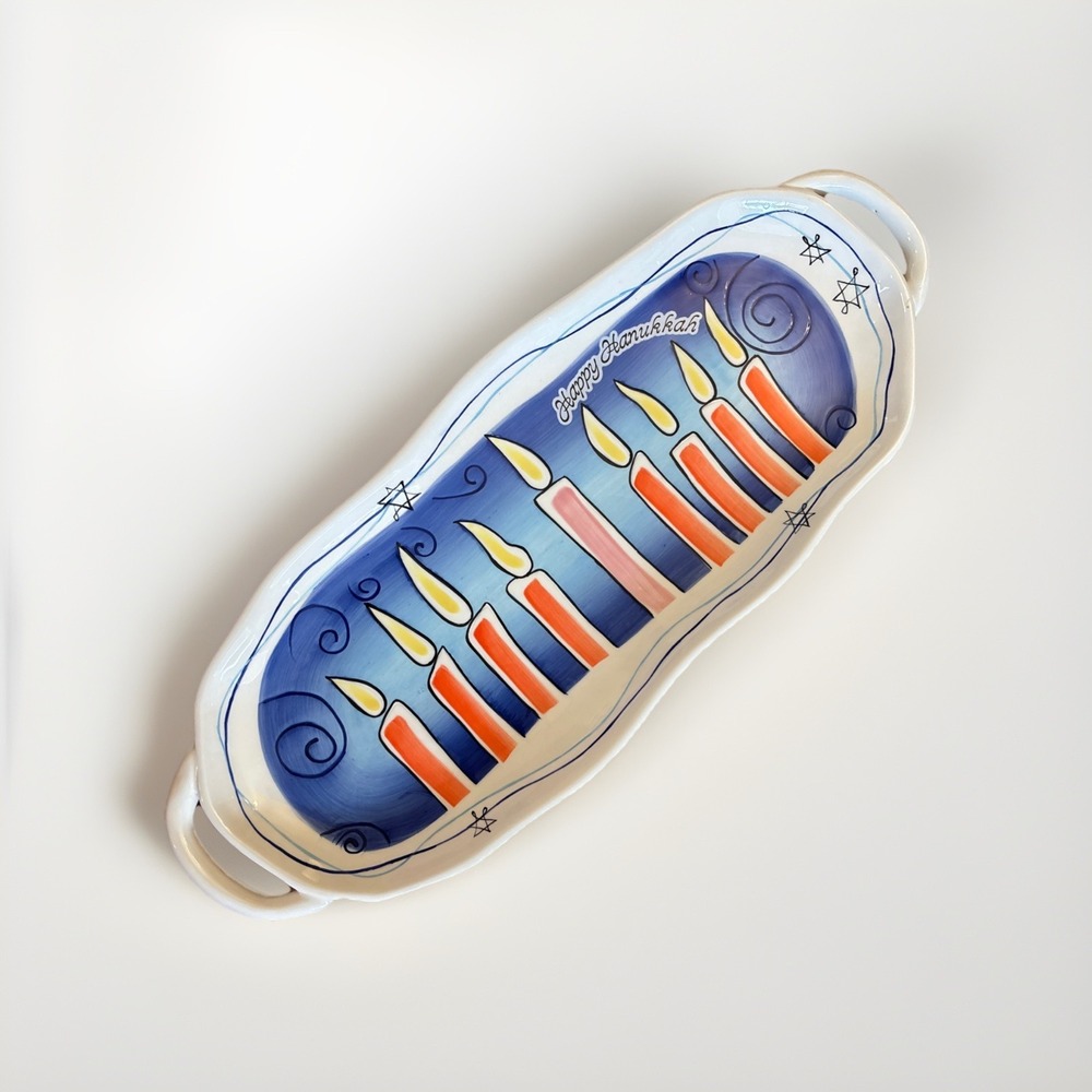NEW Happy Hanukkah Ganz by Bella Casa Menorah Holder Tray Chanukah Candle Jewish
